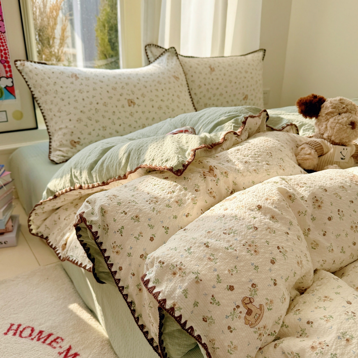 91家纺网 家纺一手货源 找家纺 玉海棠家纺 2026新款高品质A类泡芙纱甜栗贝壳边套件系列-小红书推荐（110g） 甜栗-木马小花团