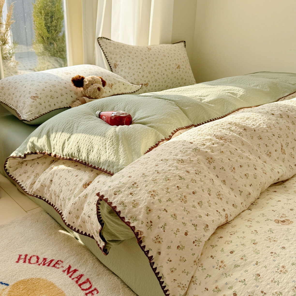 91家纺网 家纺一手货源 找家纺 玉海棠家纺 2026新款高品质A类泡芙纱甜栗贝壳边套件系列-小红书推荐（110g） 甜栗-木马小花团