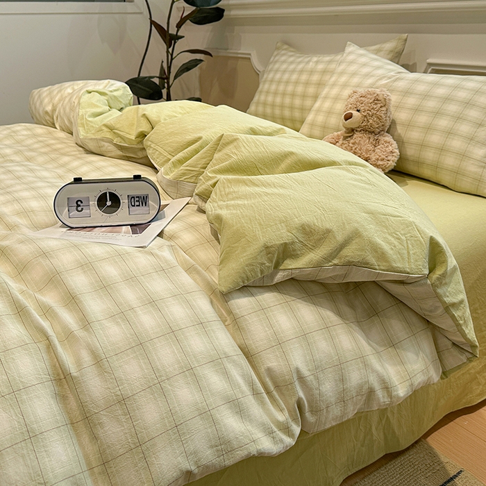 91家纺网 家纺一手货源 找家纺 （总）麦朵家居 2026色织全棉水洗棉四件套暖格系列无印风床笠单被套长绒棉套件