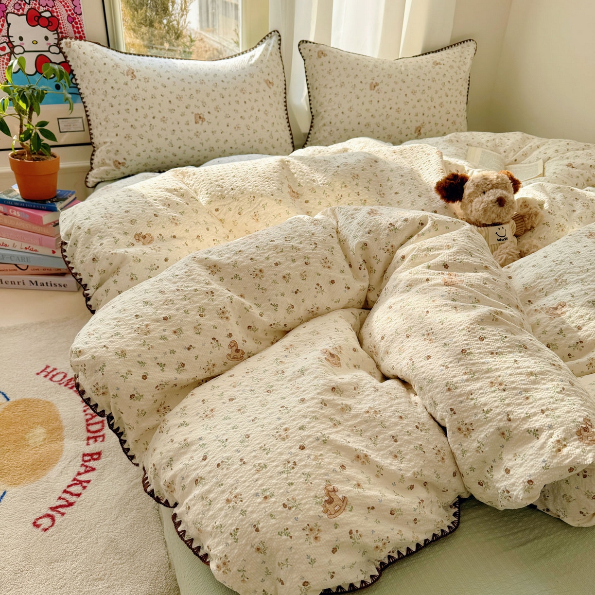 91家纺网 家纺一手货源 找家纺 玉海棠家纺 2026新款高品质A类泡芙纱甜栗贝壳边套件系列-小红书推荐（110g） 甜栗-木马小花团