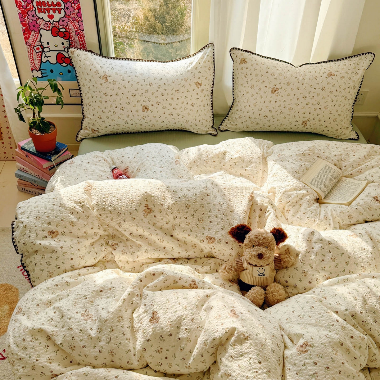 91家纺网 家纺一手货源 找家纺 玉海棠家纺 2026新款高品质A类泡芙纱甜栗贝壳边套件系列-小红书推荐（110g） 甜栗-木马小花团