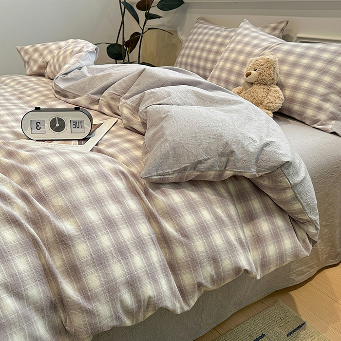 91家纺网 家纺一手货源 找家纺 （总）麦朵家居 2026色织全棉水洗棉四件套暖格系列无印风床笠单被套长绒棉套件