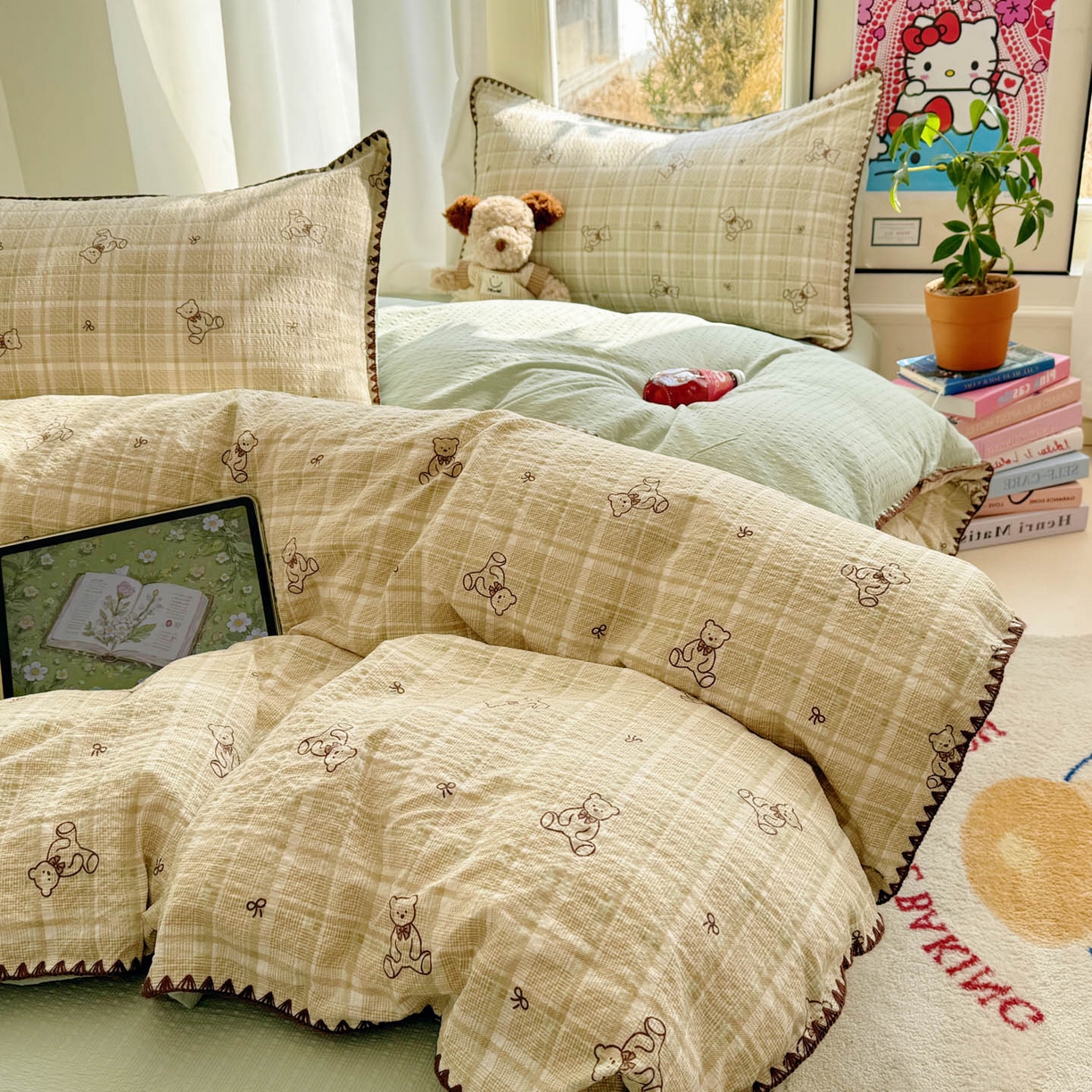 玉海棠家纺 2026新款高品质A类泡芙纱甜栗贝壳边套件系列-小红书推荐（110g） 甜栗-青棕格纹熊