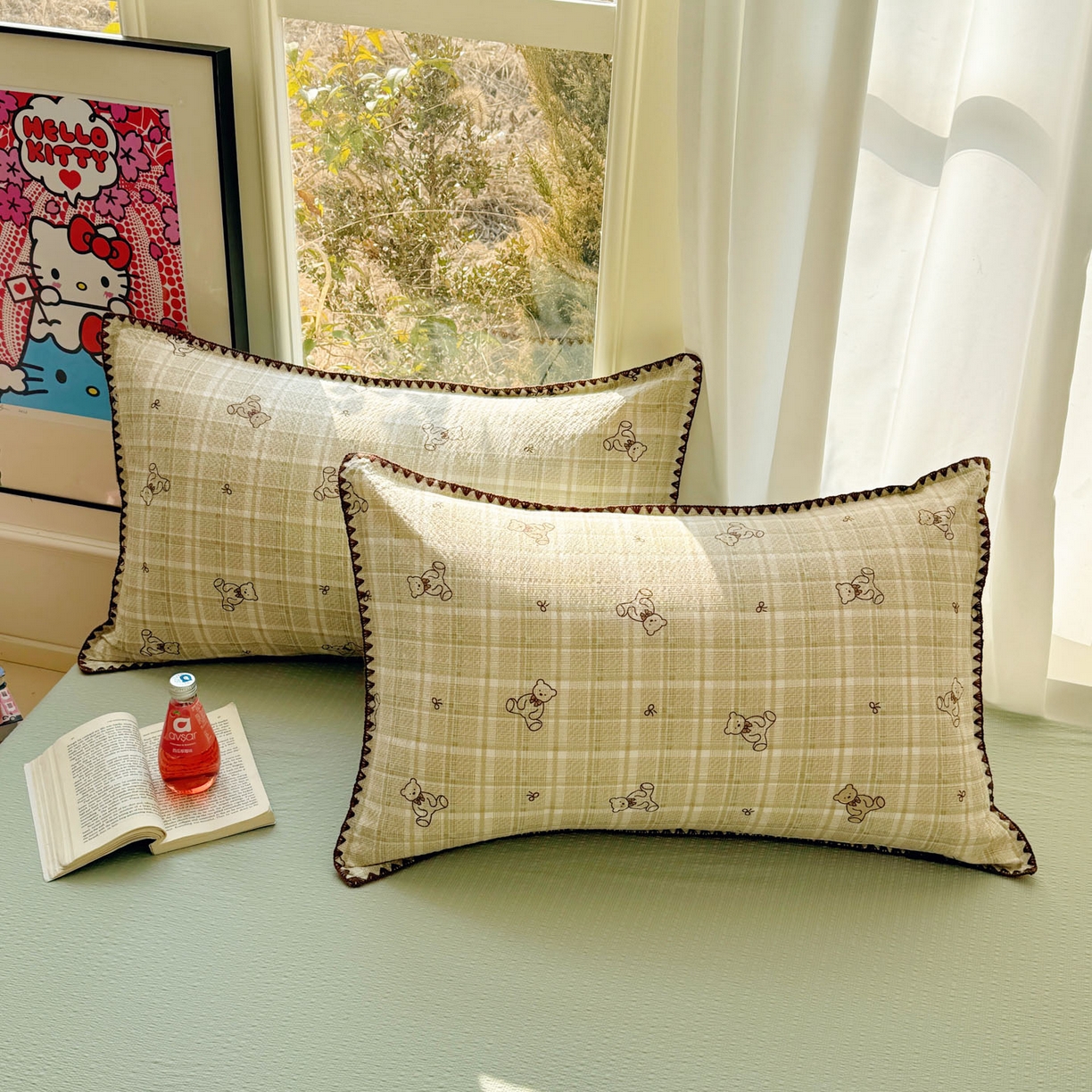 91家纺网 家纺一手货源 找家纺 玉海棠家纺 2026新款高品质A类泡芙纱甜栗贝壳边套件系列-小红书推荐（110g） 甜栗-青棕格纹熊