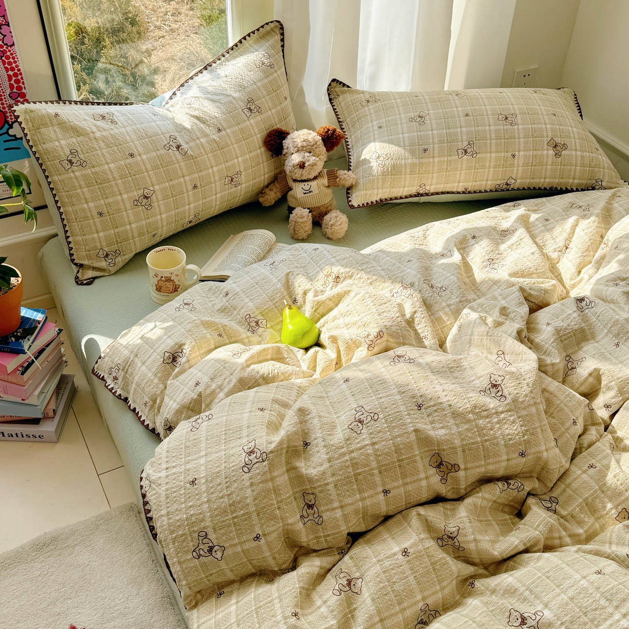 91家纺网 家纺一手货源 找家纺 玉海棠家纺 2026新款高品质A类泡芙纱甜栗贝壳边套件系列-小红书推荐（110g） 甜栗-青棕格纹熊