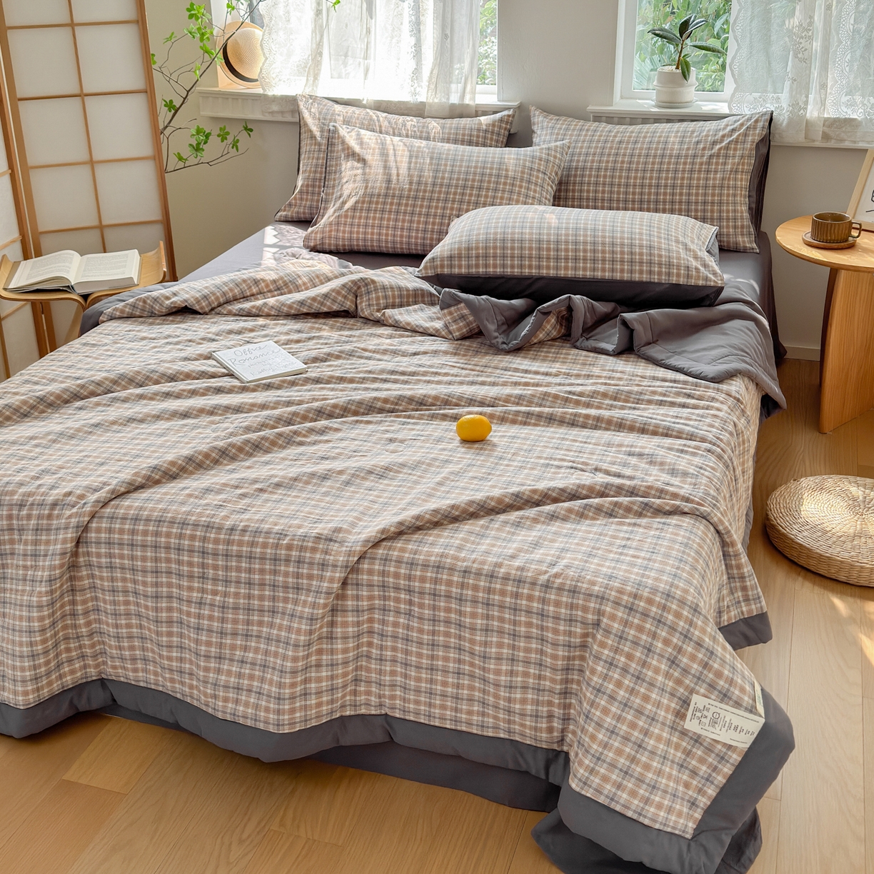 91家纺网 家纺一手货源 找家纺 雯雨家纺 2026新款A类全棉色织里外全棉夏被 米粒咖