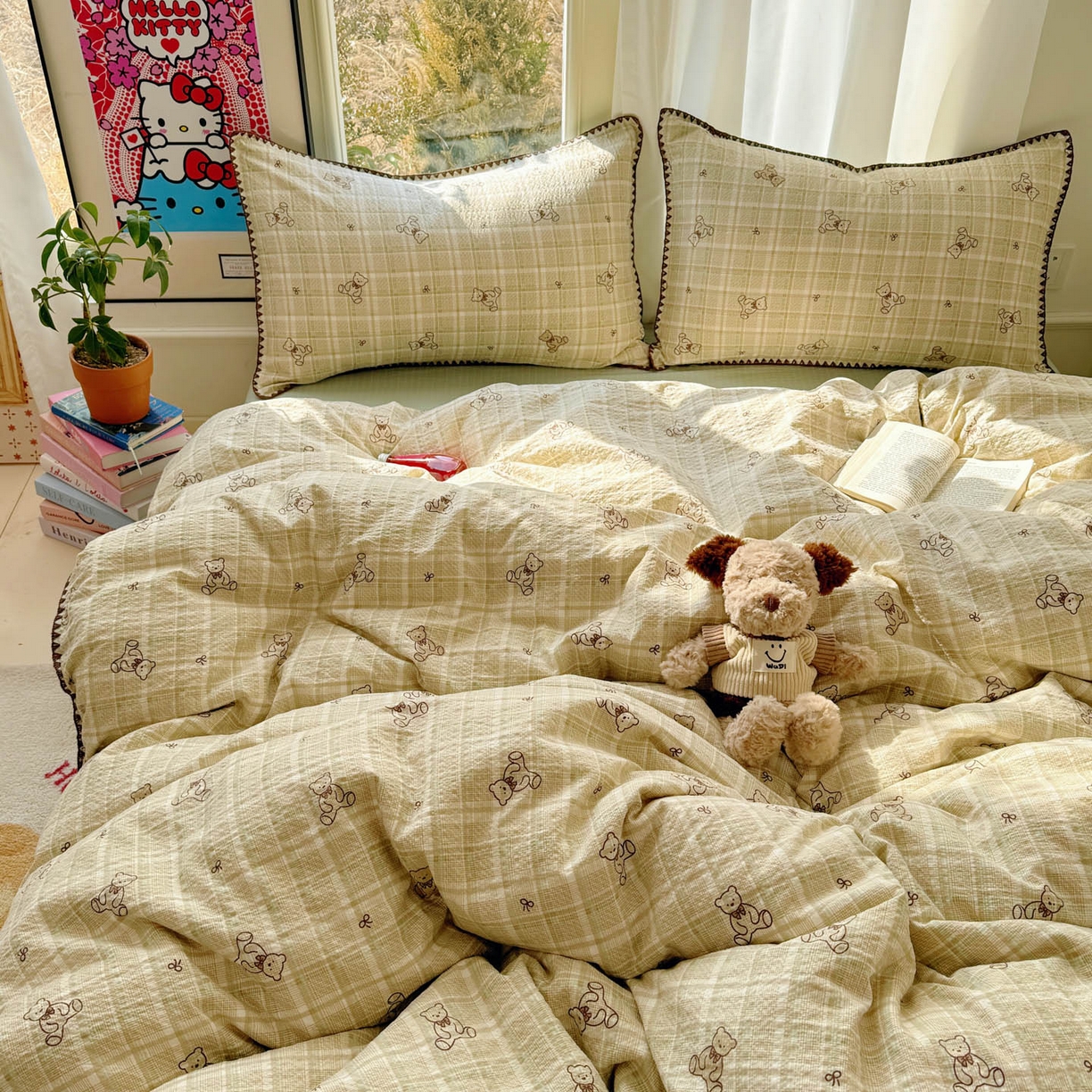 91家纺网 家纺一手货源 找家纺 玉海棠家纺 2026新款高品质A类泡芙纱甜栗贝壳边套件系列-小红书推荐（110g） 甜栗-青棕格纹熊