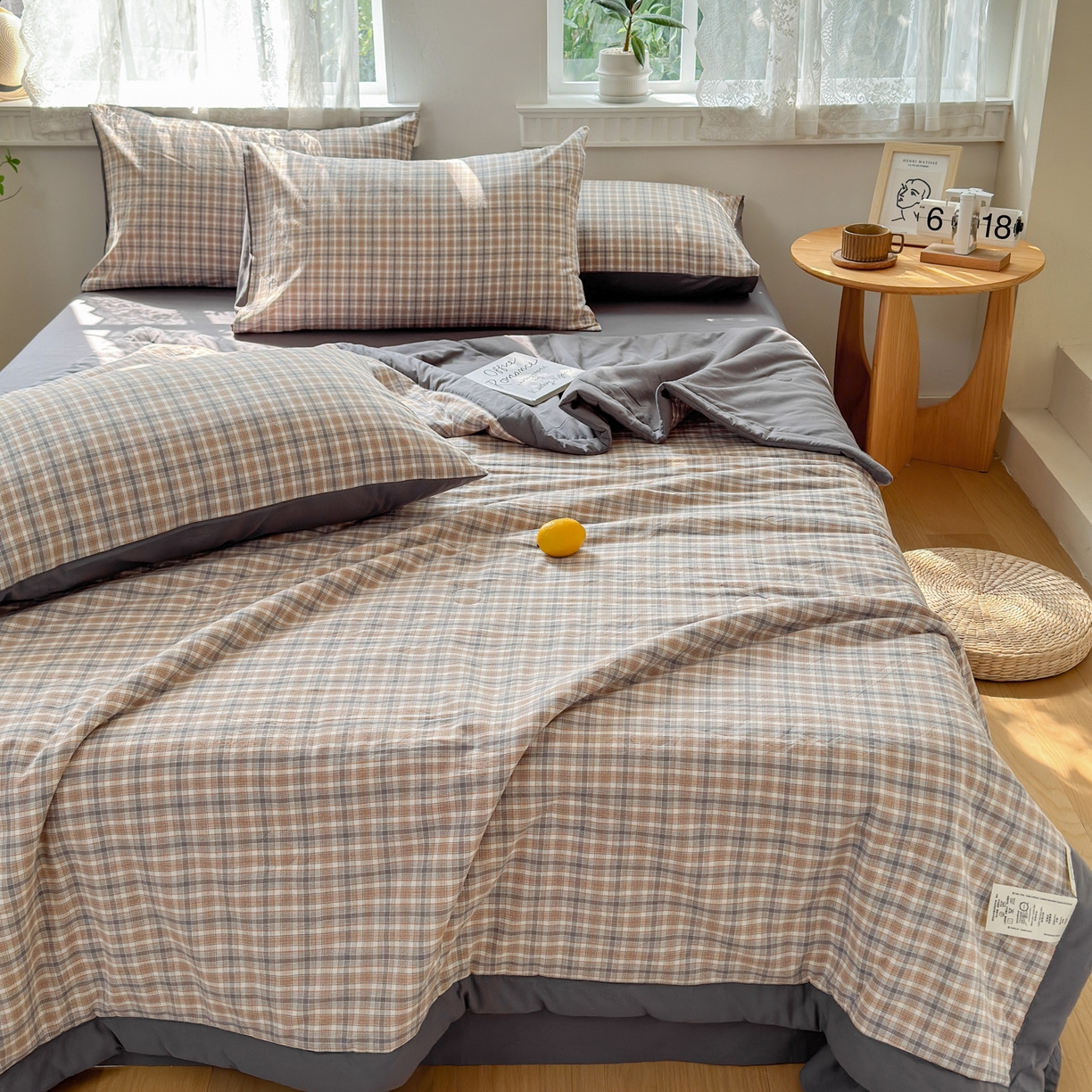 91家纺网 家纺一手货源 找家纺 雯雨家纺 2026新款A类全棉色织里外全棉夏被 米粒咖