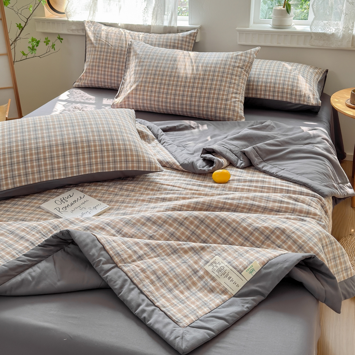 91家纺网 家纺一手货源 找家纺 雯雨家纺 2026新款A类全棉色织里外全棉夏被 米粒咖