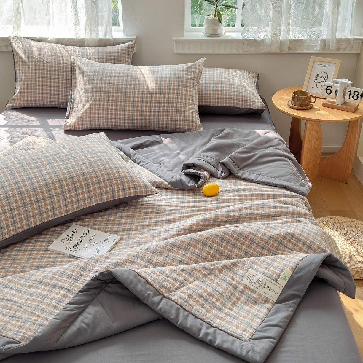 91家纺网 家纺一手货源 找家纺 雯雨家纺 2026新款A类全棉色织里外全棉夏被 米粒咖