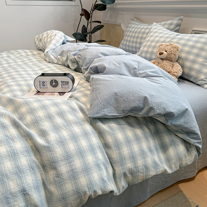 91家纺网 家纺一手货源 找家纺 （总）麦朵家居 2026色织全棉水洗棉四件套暖格系列无印风床笠单被套长绒棉套件