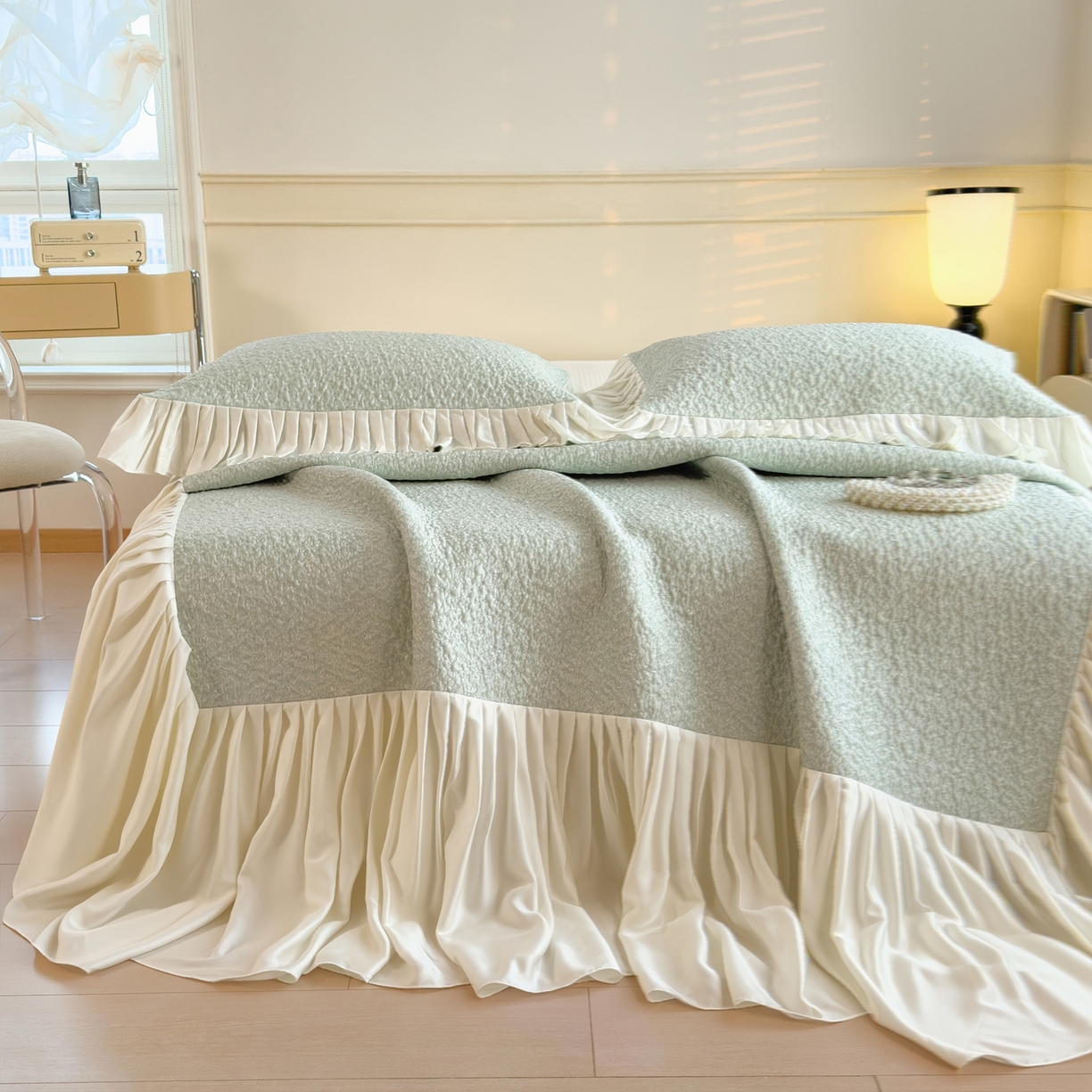 孩子王家纺 2026新款夏季凉感公主风冰豆豆花边凉席床裙款凉感值过0.21三件套可机洗冰丝空 豆豆物语-飘飘-绿