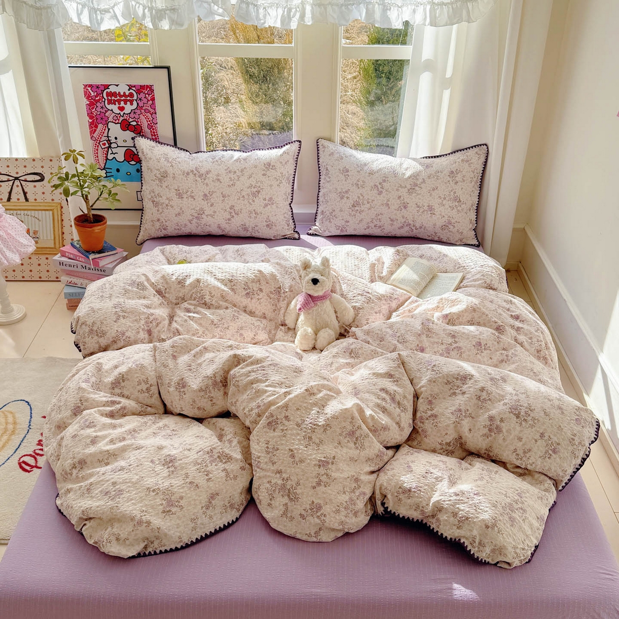 91家纺网 家纺一手货源 找家纺 玉海棠家纺 2026新款高品质A类泡芙纱甜栗贝壳边套件系列-小红书推荐（110g） 甜栗-柔紫碎花屿