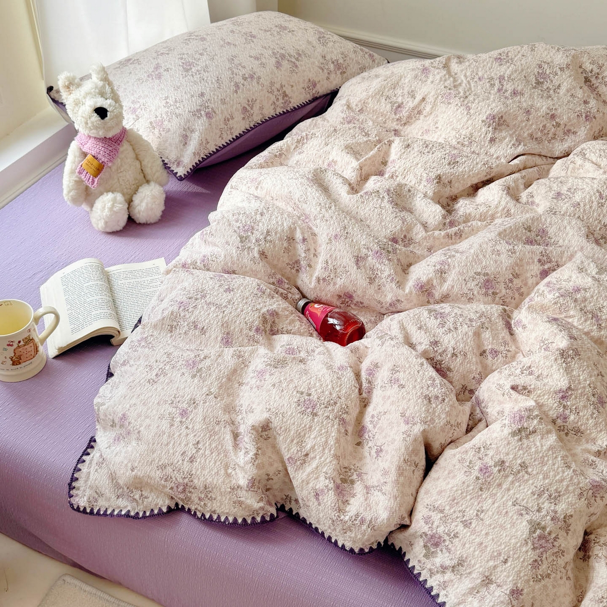 91家纺网 家纺一手货源 找家纺 玉海棠家纺 2026新款高品质A类泡芙纱甜栗贝壳边套件系列-小红书推荐（110g） 甜栗-柔紫碎花屿