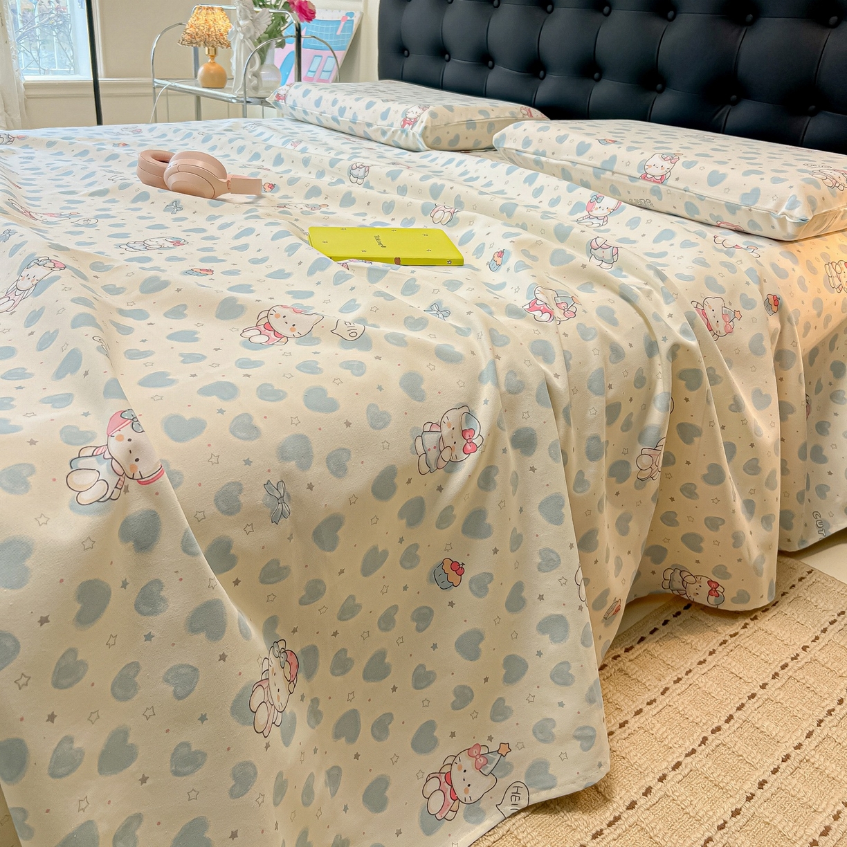 91家纺网 家纺一手货源 找家纺 韩巢家纺 2026新款老粗布床单凉席席子床单单件 蓝心凯蒂【老粗布】