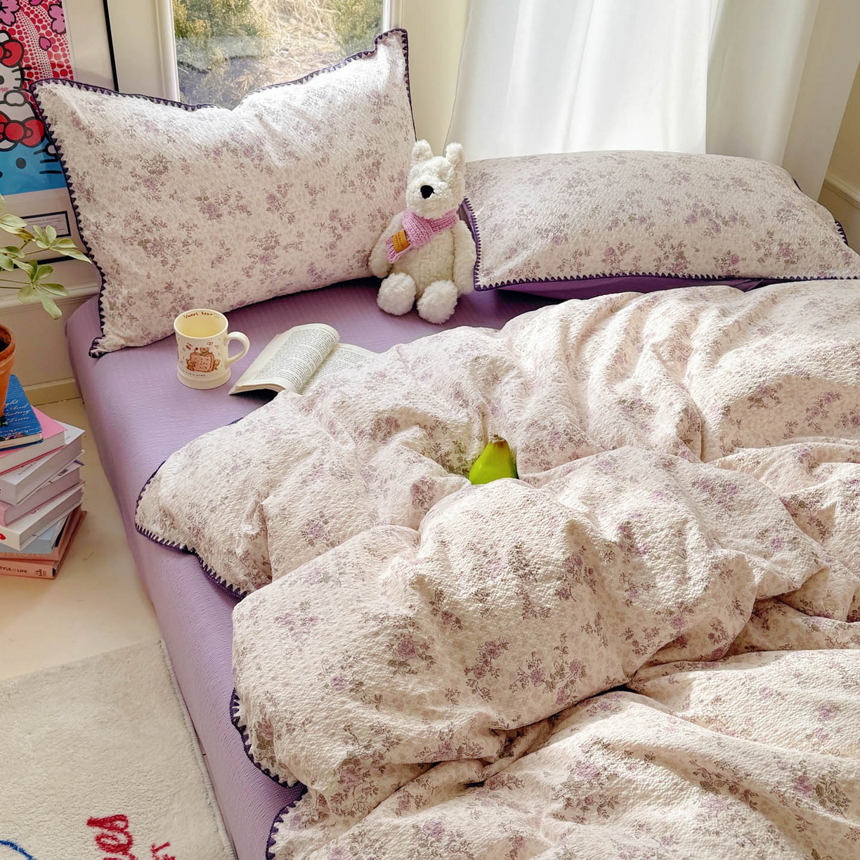 91家纺网 家纺一手货源 找家纺 玉海棠家纺 2026新款高品质A类泡芙纱甜栗贝壳边套件系列-小红书推荐（110g） 甜栗-柔紫碎花屿