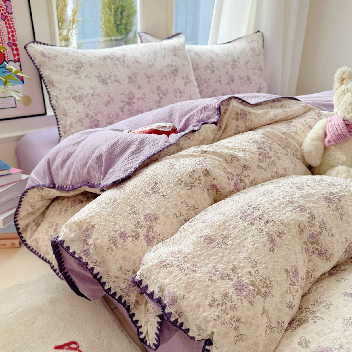 91家纺网 家纺一手货源 找家纺 玉海棠家纺 2026新款高品质A类泡芙纱甜栗贝壳边套件系列-小红书推荐（110g） 甜栗-柔紫碎花屿