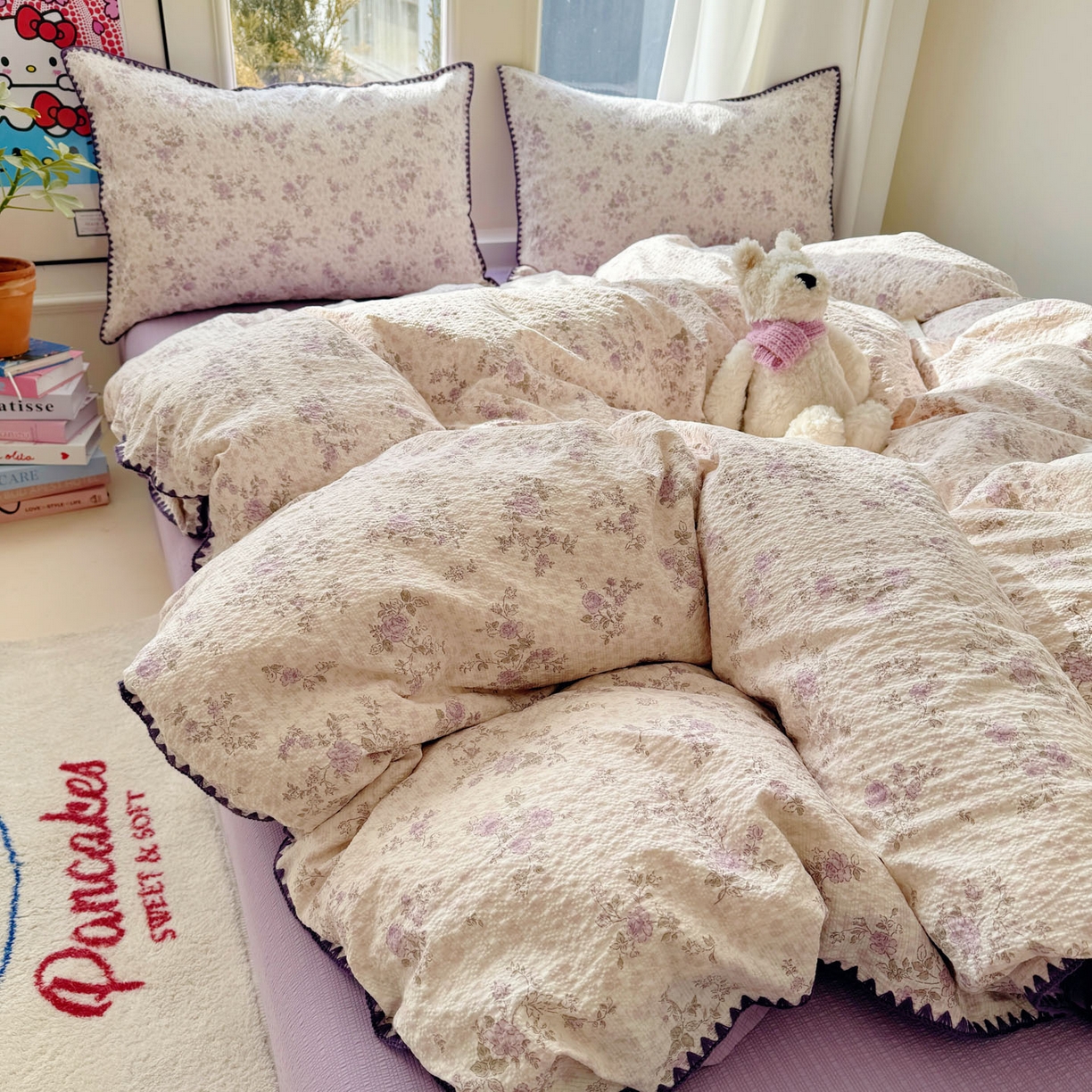 91家纺网 家纺一手货源 找家纺 玉海棠家纺 2026新款高品质A类泡芙纱甜栗贝壳边套件系列-小红书推荐（110g） 甜栗-柔紫碎花屿