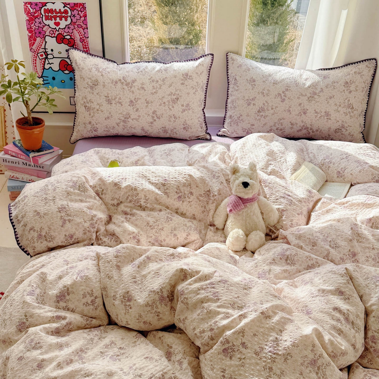 91家纺网 家纺一手货源 找家纺 玉海棠家纺 2026新款高品质A类泡芙纱甜栗贝壳边套件系列-小红书推荐（110g） 甜栗-柔紫碎花屿