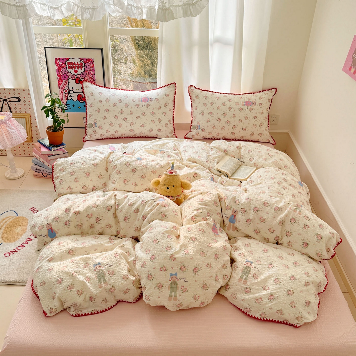 91家纺网 家纺一手货源 找家纺 玉海棠家纺 2026新款高品质A类泡芙纱甜栗贝壳边套件系列-小红书推荐（110g） 甜栗-甜卷兔兔