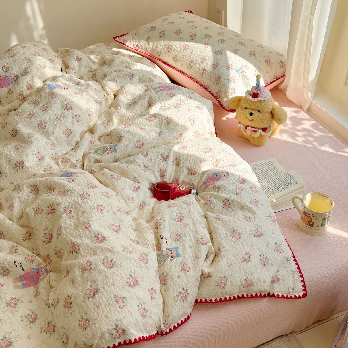 91家纺网 家纺一手货源 找家纺 玉海棠家纺 2026新款高品质A类泡芙纱甜栗贝壳边套件系列-小红书推荐（110g） 甜栗-甜卷兔兔