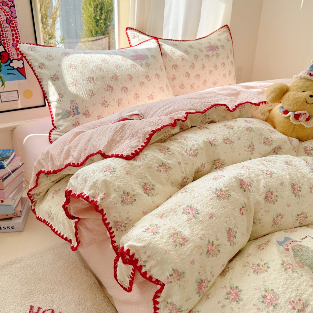 91家纺网 家纺一手货源 找家纺 玉海棠家纺 2026新款高品质A类泡芙纱甜栗贝壳边套件系列-小红书推荐（110g） 甜栗-甜卷兔兔