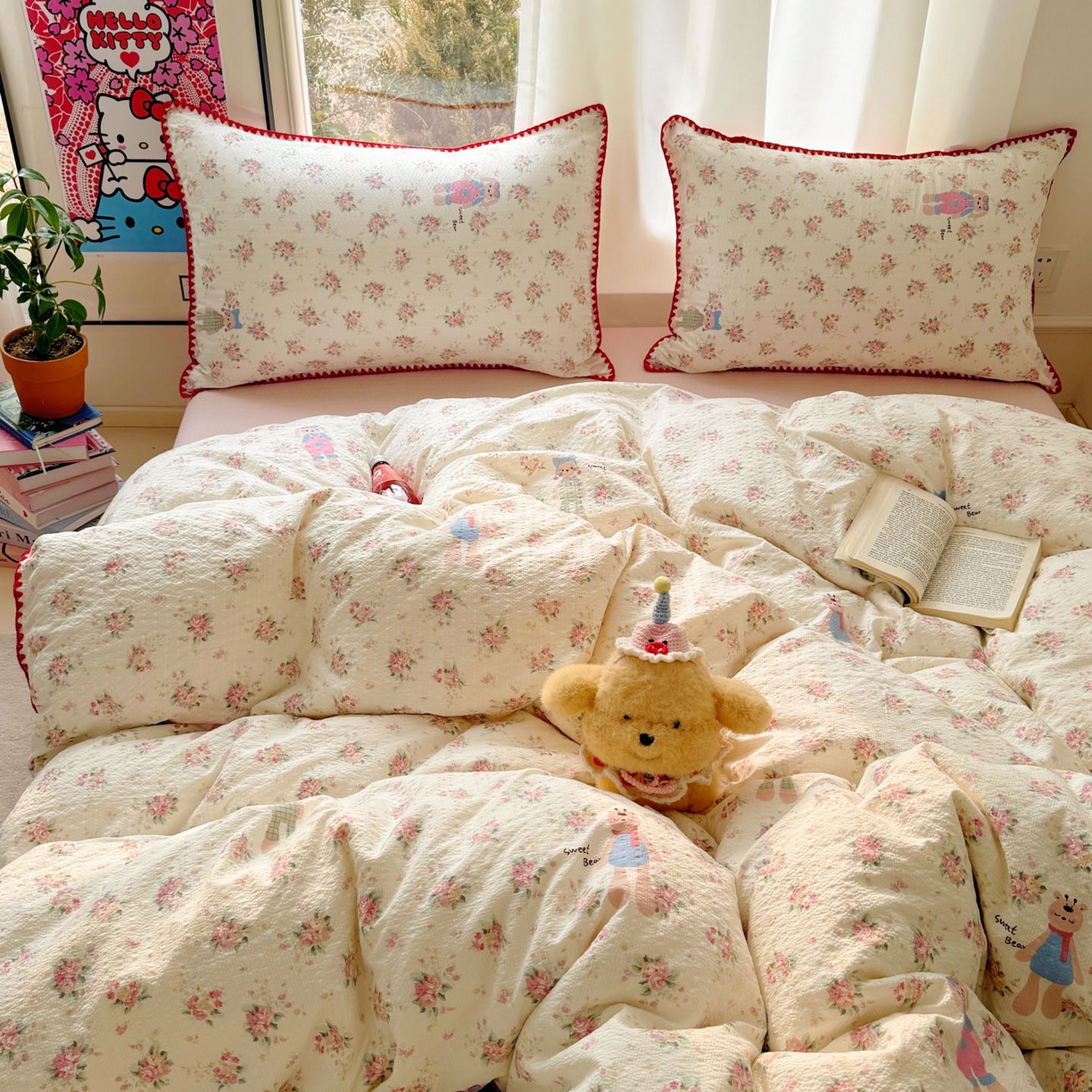 91家纺网 家纺一手货源 找家纺 玉海棠家纺 2026新款高品质A类泡芙纱甜栗贝壳边套件系列-小红书推荐（110g） 甜栗-甜卷兔兔