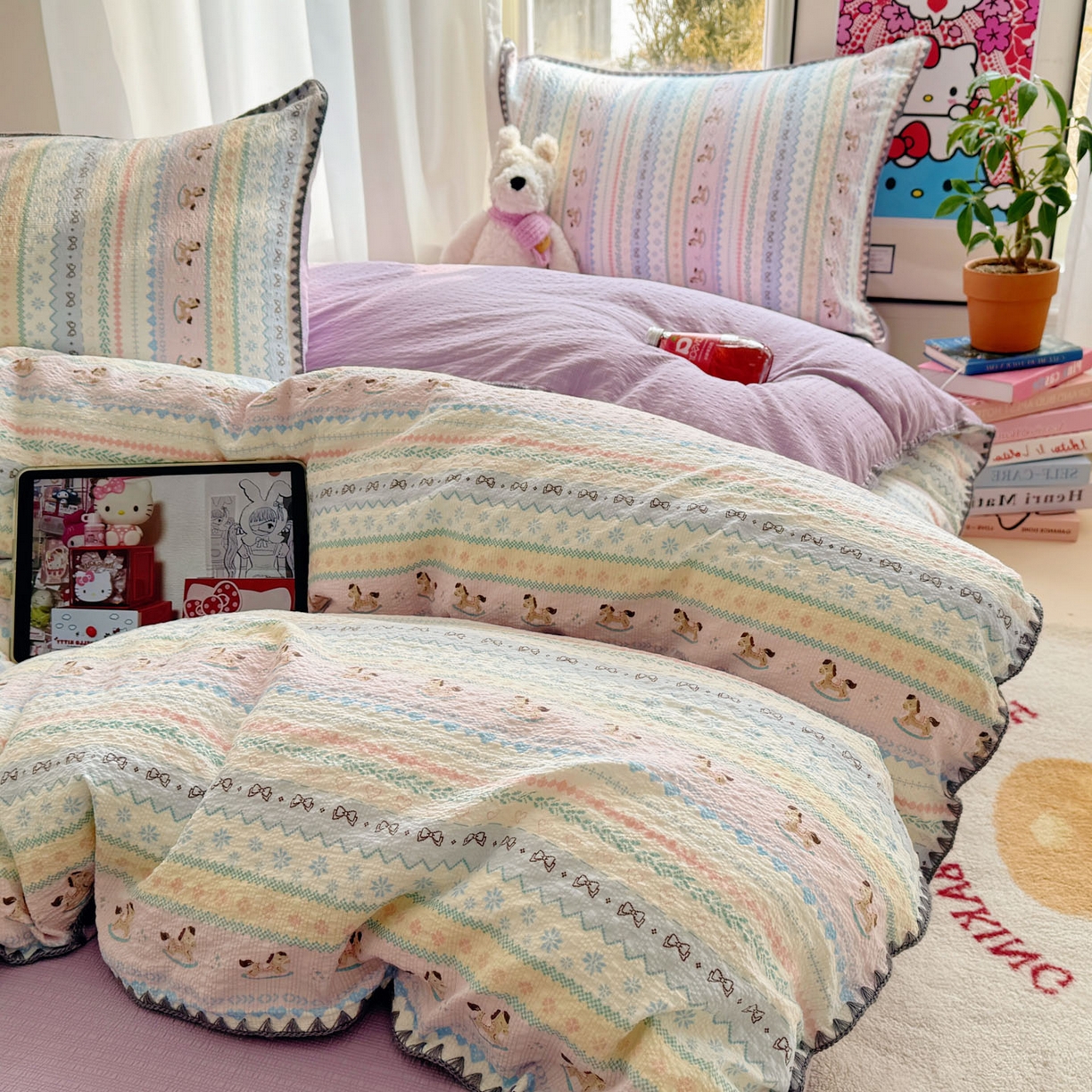 玉海棠家纺 2026新款高品质A类泡芙纱甜栗贝壳边套件系列-小红书推荐（110g） 甜栗-甜心木马卷