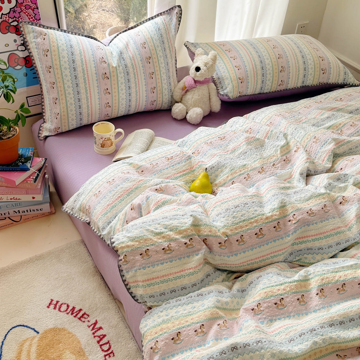 91家纺网 家纺一手货源 找家纺 玉海棠家纺 2026新款高品质A类泡芙纱甜栗贝壳边套件系列-小红书推荐（110g） 甜栗-甜心木马卷