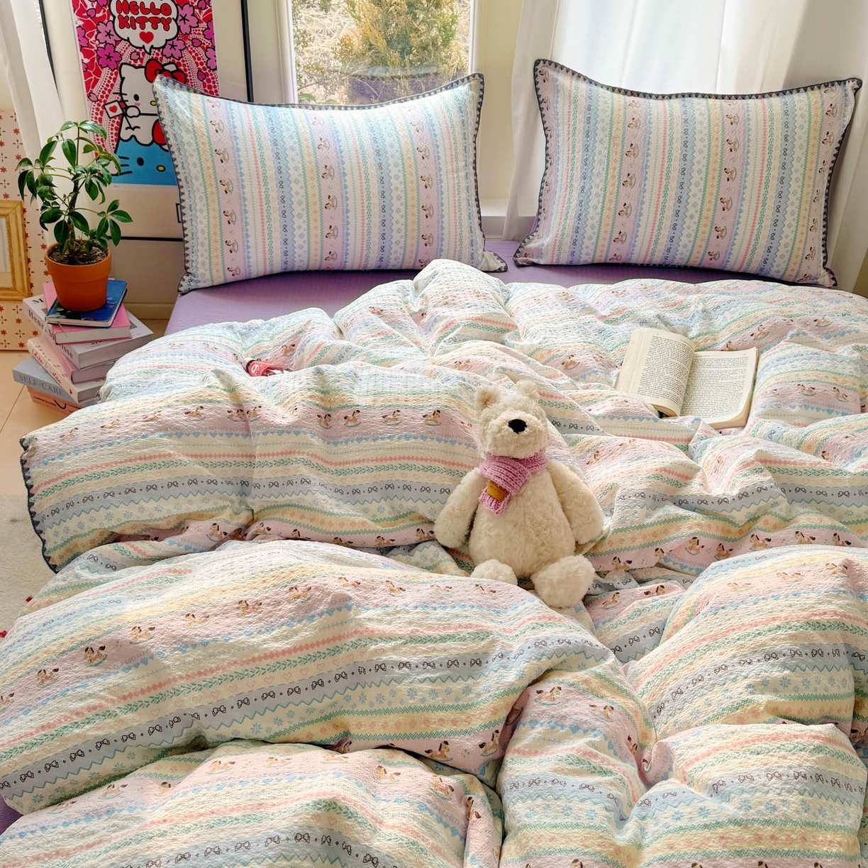 91家纺网 家纺一手货源 找家纺 玉海棠家纺 2026新款高品质A类泡芙纱甜栗贝壳边套件系列-小红书推荐（110g） 甜栗-甜心木马卷