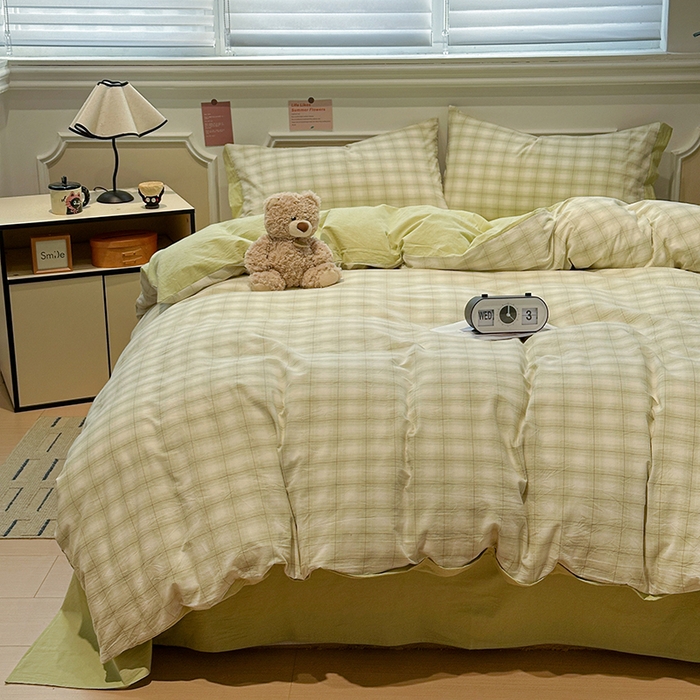 91家纺网 家纺一手货源 找家纺 （总）麦朵家居 2026色织全棉水洗棉四件套暖格系列无印风床笠单被套长绒棉套件