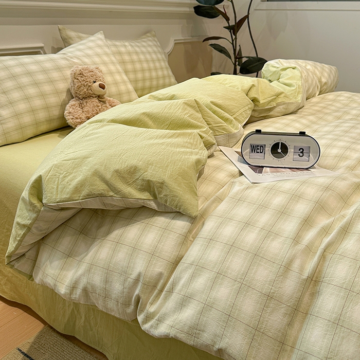 91家纺网 家纺一手货源 找家纺 （总）麦朵家居 2026色织全棉水洗棉四件套暖格系列无印风床笠单被套长绒棉套件