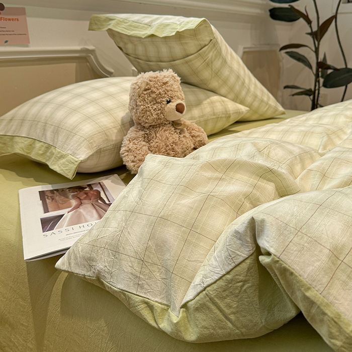 91家纺网 家纺一手货源 找家纺 （总）麦朵家居 2026色织全棉水洗棉四件套暖格系列无印风床笠单被套长绒棉套件