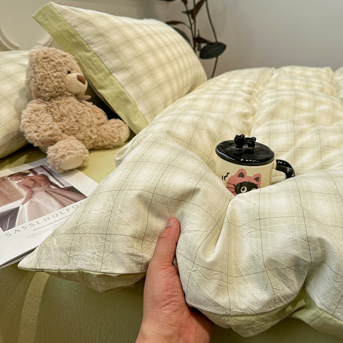 91家纺网 家纺一手货源 找家纺 （总）麦朵家居 2026色织全棉水洗棉四件套暖格系列无印风床笠单被套长绒棉套件