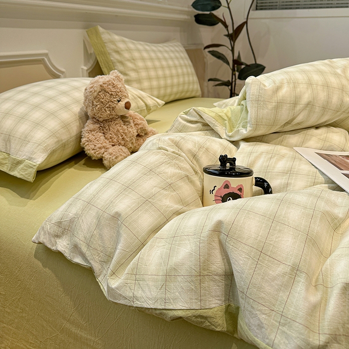 91家纺网 家纺一手货源 找家纺 （总）麦朵家居 2026色织全棉水洗棉四件套暖格系列无印风床笠单被套长绒棉套件