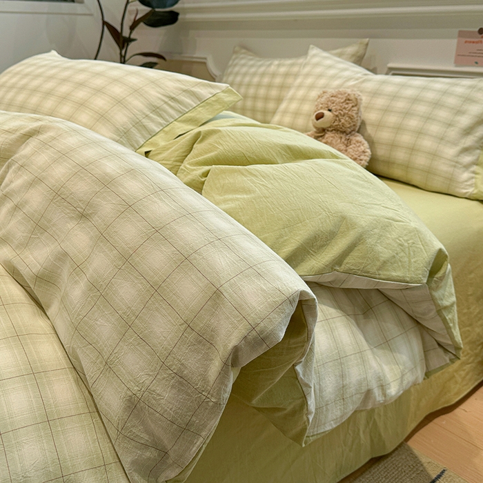 91家纺网 家纺一手货源 找家纺 （总）麦朵家居 2026色织全棉水洗棉四件套暖格系列无印风床笠单被套长绒棉套件