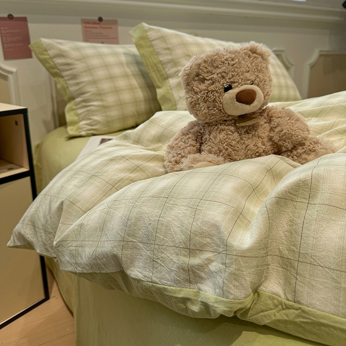 91家纺网 家纺一手货源 找家纺 （总）麦朵家居 2026色织全棉水洗棉四件套暖格系列无印风床笠单被套长绒棉套件