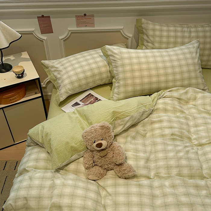 91家纺网 家纺一手货源 找家纺 （总）麦朵家居 2026色织全棉水洗棉四件套暖格系列无印风床笠单被套长绒棉套件