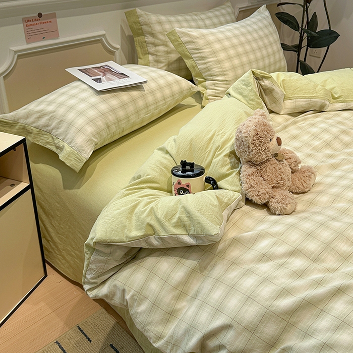 91家纺网 家纺一手货源 找家纺 （总）麦朵家居 2026色织全棉水洗棉四件套暖格系列无印风床笠单被套长绒棉套件