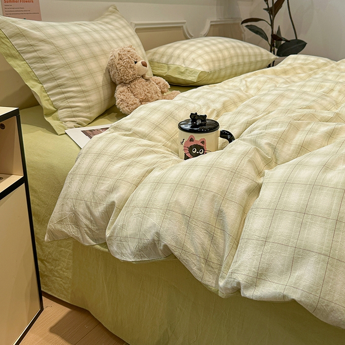 91家纺网 家纺一手货源 找家纺 （总）麦朵家居 2026色织全棉水洗棉四件套暖格系列无印风床笠单被套长绒棉套件