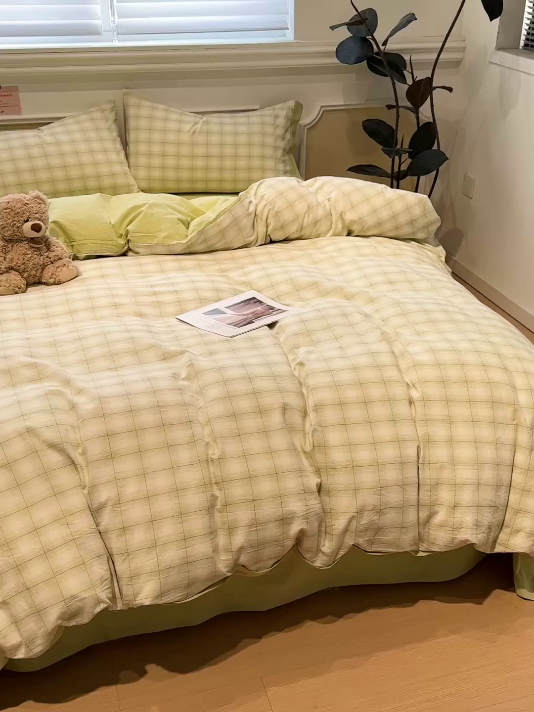 91家纺网 家纺一手货源 找家纺 （总）麦朵家居 2026色织全棉水洗棉四件套暖格系列无印风床笠单被套长绒棉套件