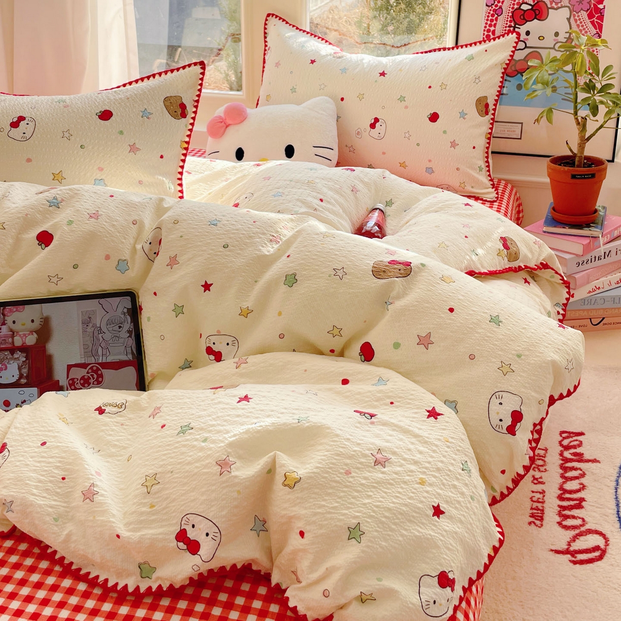 玉海棠家纺 2026新款高品质A类泡芙纱甜栗贝壳边套件系列-小红书推荐（110g） 甜栗-星芒凯蒂