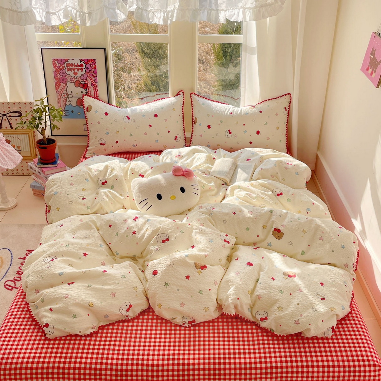 91家纺网 家纺一手货源 找家纺 玉海棠家纺 2026新款高品质A类泡芙纱甜栗贝壳边套件系列-小红书推荐（110g） 甜栗-星芒凯蒂