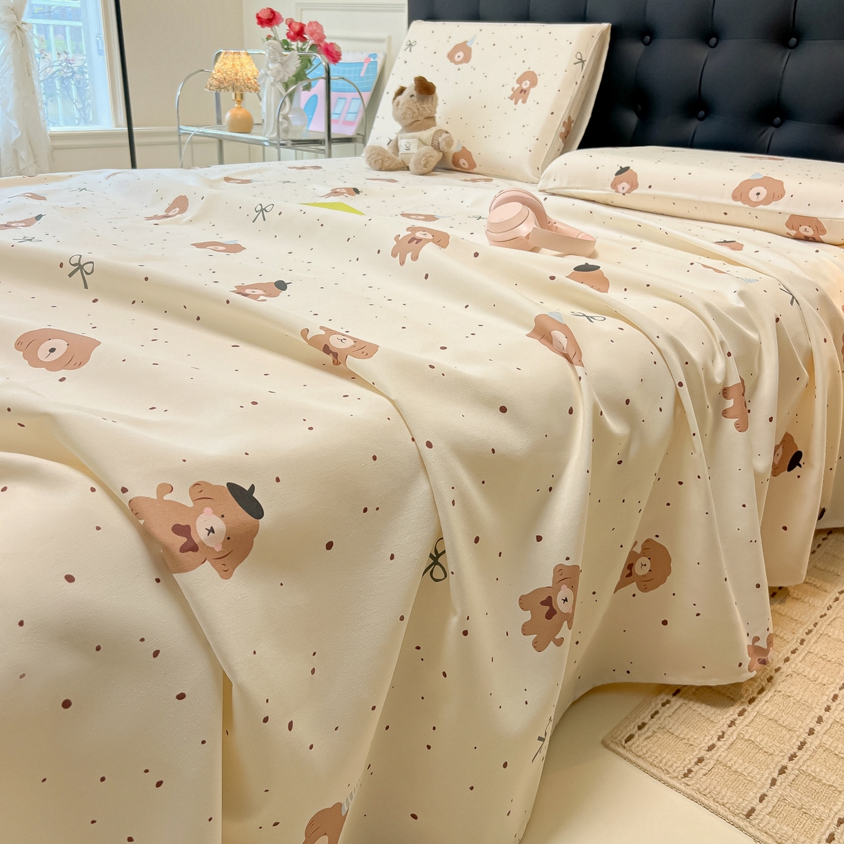 91家纺网 家纺一手货源 找家纺 韩巢家纺 2026新款老粗布床单凉席席子床单单件 萌趣小汪【老粗布】