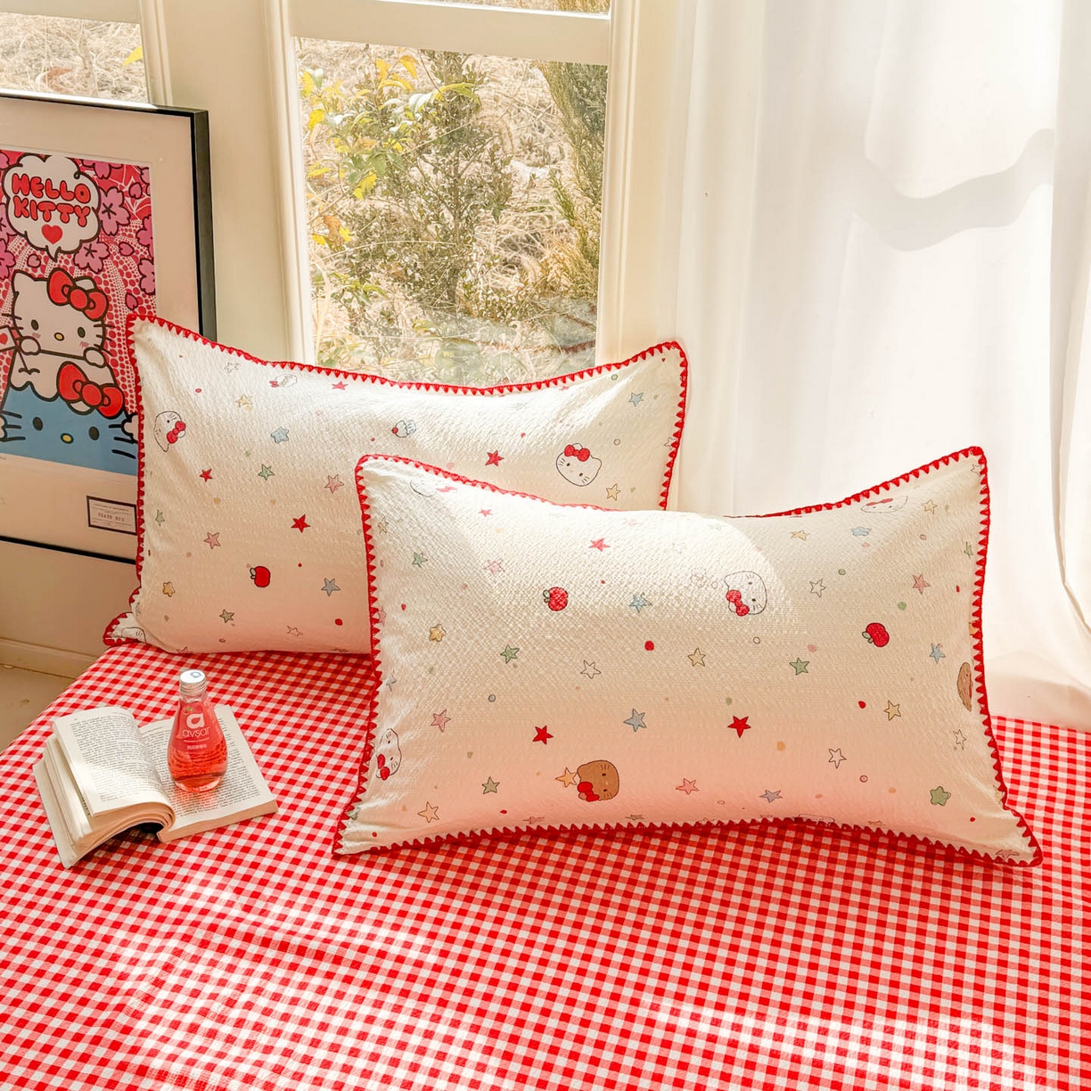 91家纺网 家纺一手货源 找家纺 玉海棠家纺 2026新款高品质A类泡芙纱甜栗贝壳边套件系列-小红书推荐（110g） 甜栗-星芒凯蒂