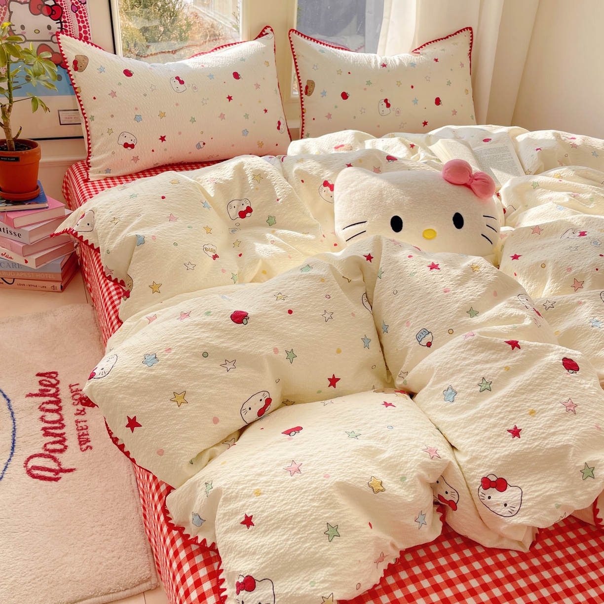 91家纺网 家纺一手货源 找家纺 玉海棠家纺 2026新款高品质A类泡芙纱甜栗贝壳边套件系列-小红书推荐（110g） 甜栗-星芒凯蒂