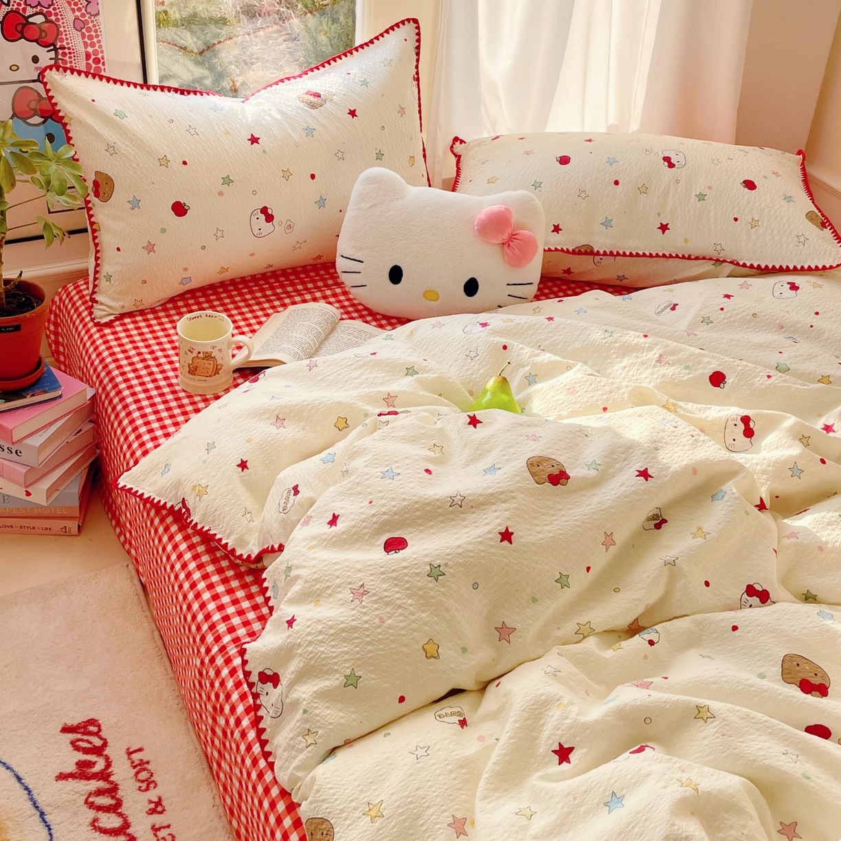 91家纺网 家纺一手货源 找家纺 玉海棠家纺 2026新款高品质A类泡芙纱甜栗贝壳边套件系列-小红书推荐（110g） 甜栗-星芒凯蒂