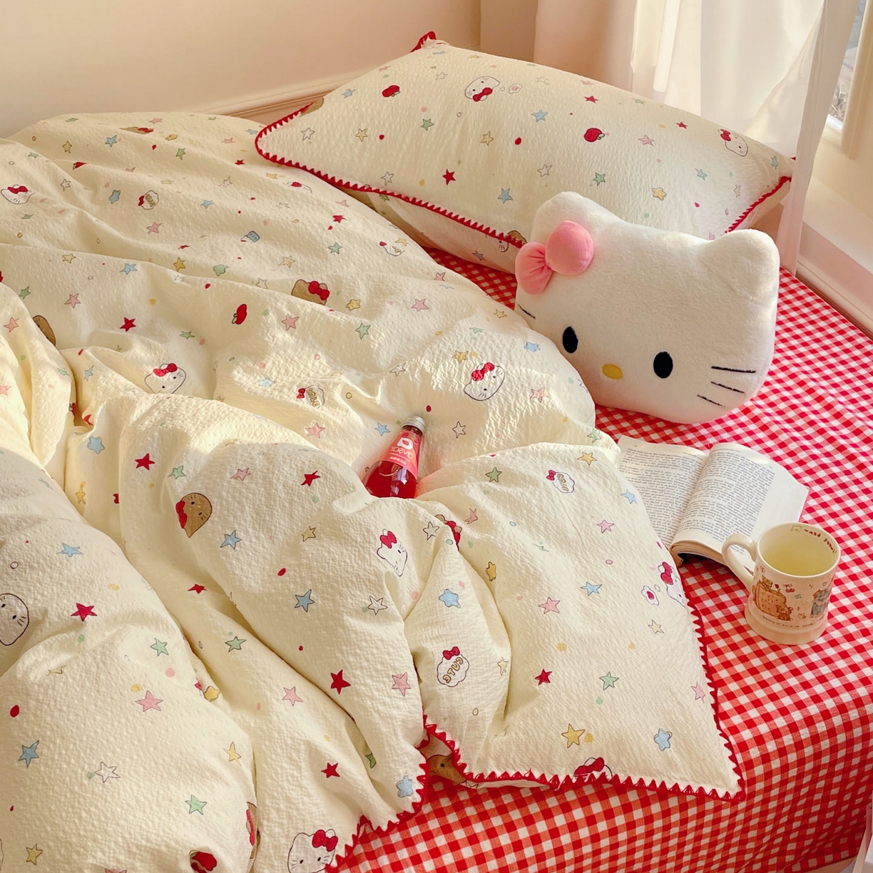 91家纺网 家纺一手货源 找家纺 玉海棠家纺 2026新款高品质A类泡芙纱甜栗贝壳边套件系列-小红书推荐（110g） 甜栗-星芒凯蒂