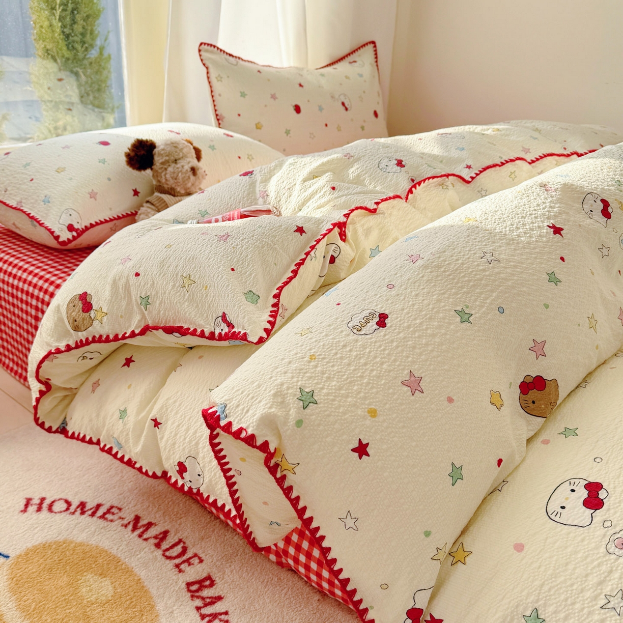 91家纺网 家纺一手货源 找家纺 玉海棠家纺 2026新款高品质A类泡芙纱甜栗贝壳边套件系列-小红书推荐（110g） 甜栗-星芒凯蒂