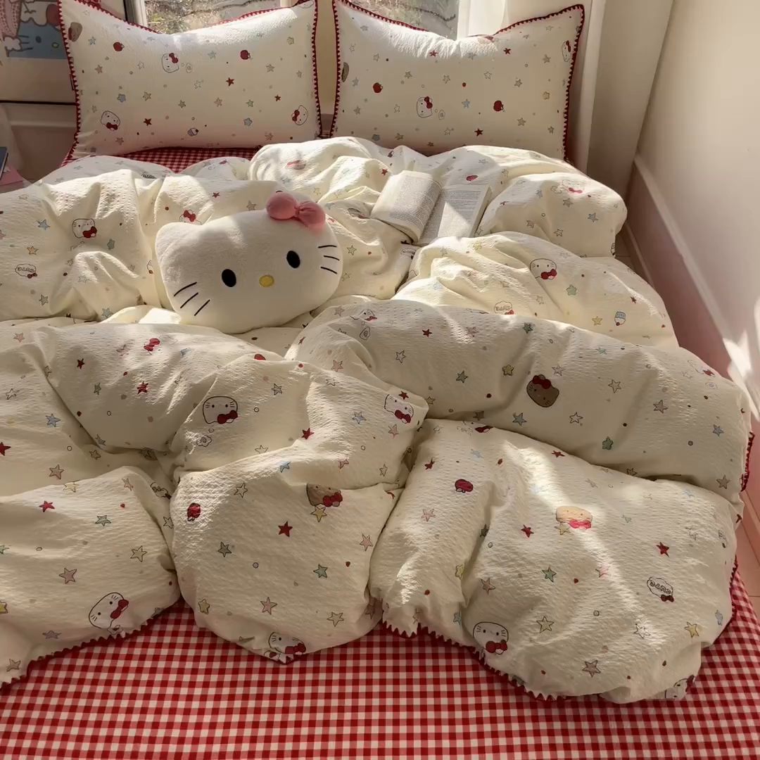 91家纺网 家纺一手货源 找家纺 玉海棠家纺 2026新款高品质A类泡芙纱甜栗贝壳边套件系列-小红书推荐（110g） 甜栗-星芒凯蒂